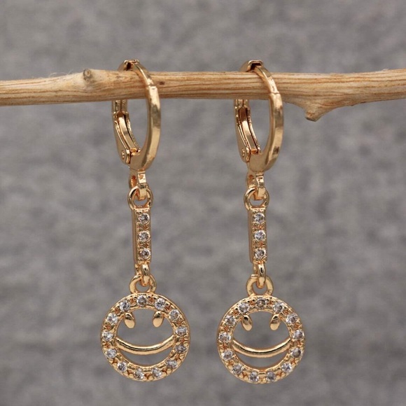18K Gold Filled Smile Hoop Dangle Drop Earring Clear Cubic Zircon CZ Smiley - Picture 5 of 14